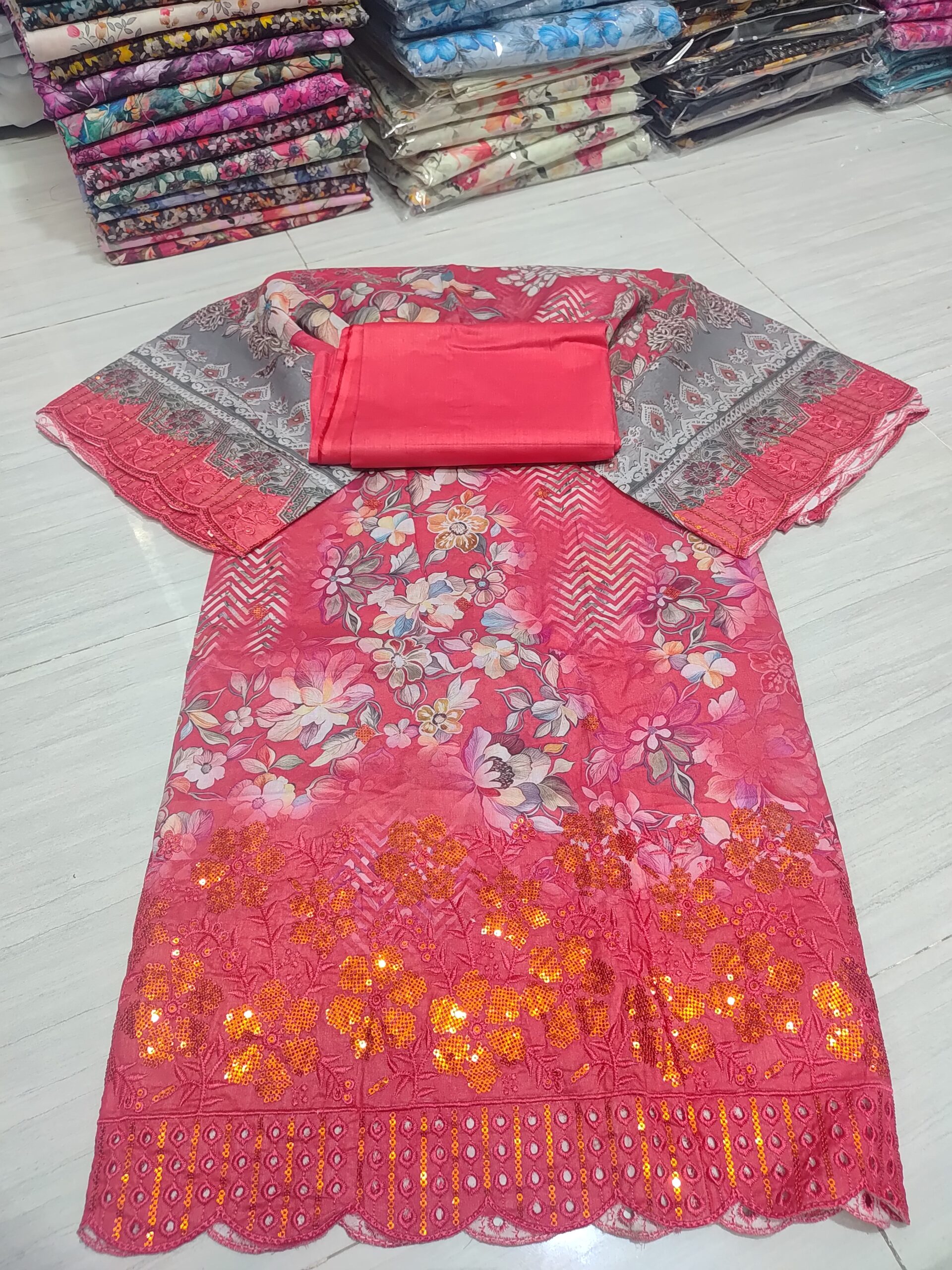 মার্শাল থ্রী পিছ ১০০% সুতি, লং ৪৬ সালোয়ার ২.৫ গজ,ওড়না ৫ হাত