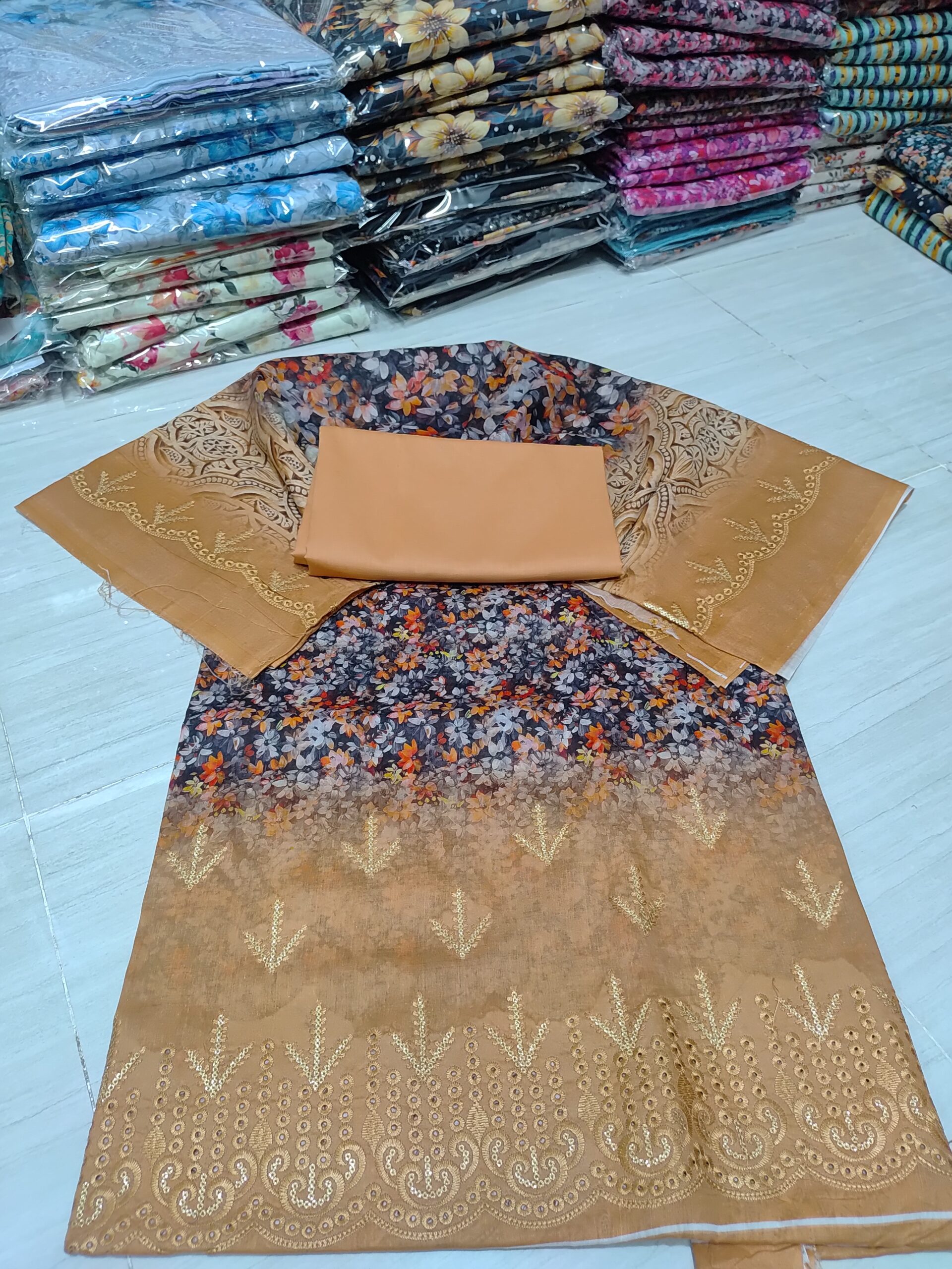 মার্শাল থ্রী পিছ ১০০% সুতি, লং ৪৬ সালোয়ার ২.৫ গজ,ওড়না ৫ হাত